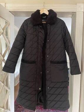 Andrew Marc Black Quilted Long Coat with Corduroy Collar